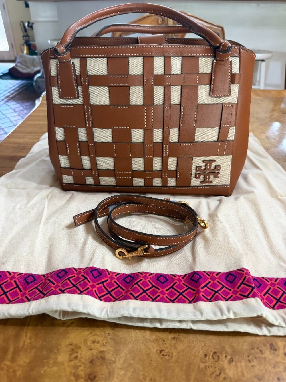 New Tory Burch Tan Leather and Beige canvas Shoulder or Tote